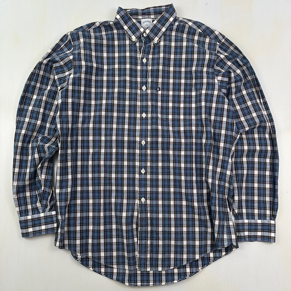 EUC Brooks Brothers 346 shirt men Large Blue Brown Tartan Plaid Slim Oxford